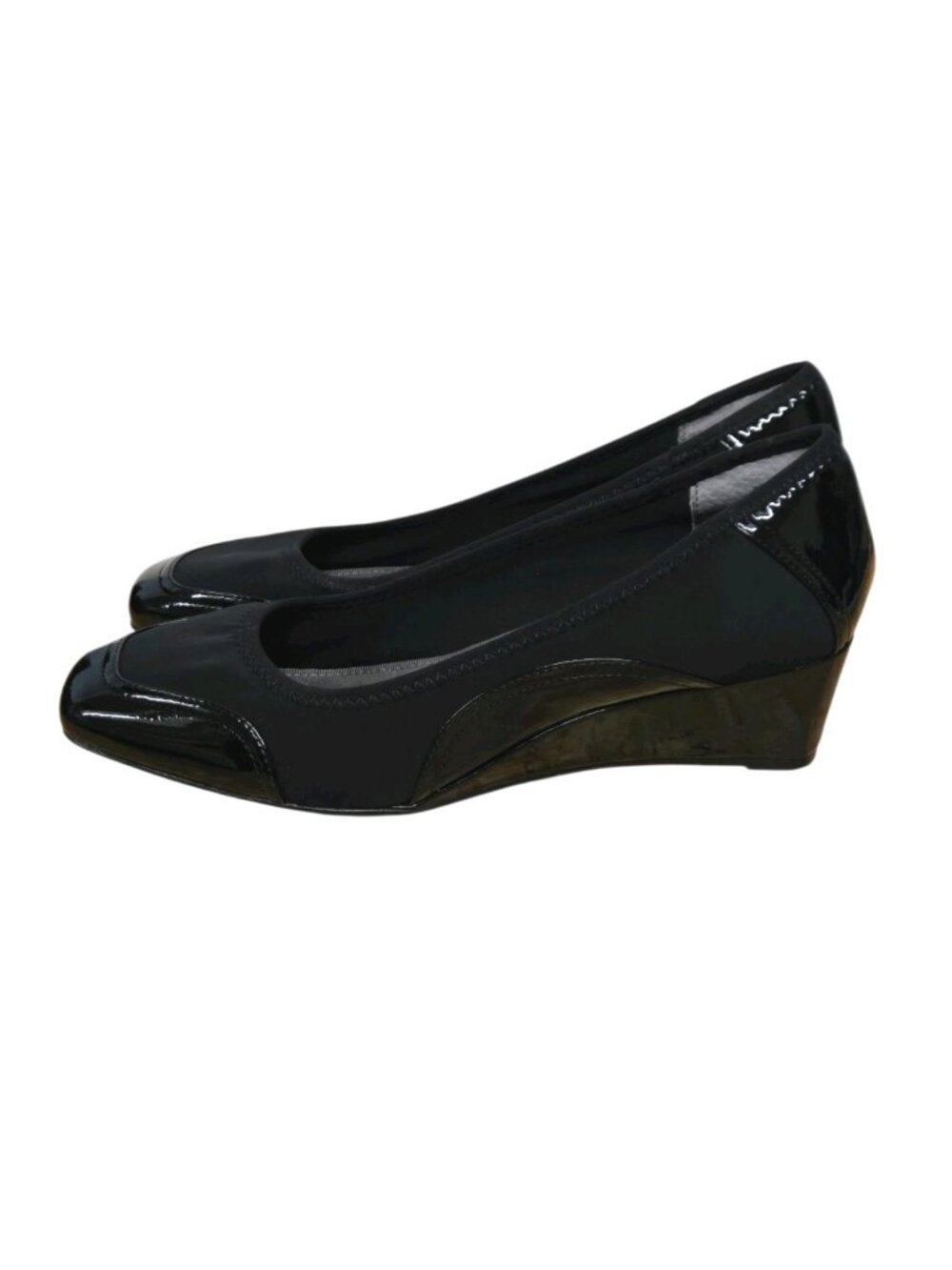 Adrienne Vittadini Pumps Shoes 11 M Peni Black Patent Leather Fabric Wedge Heel